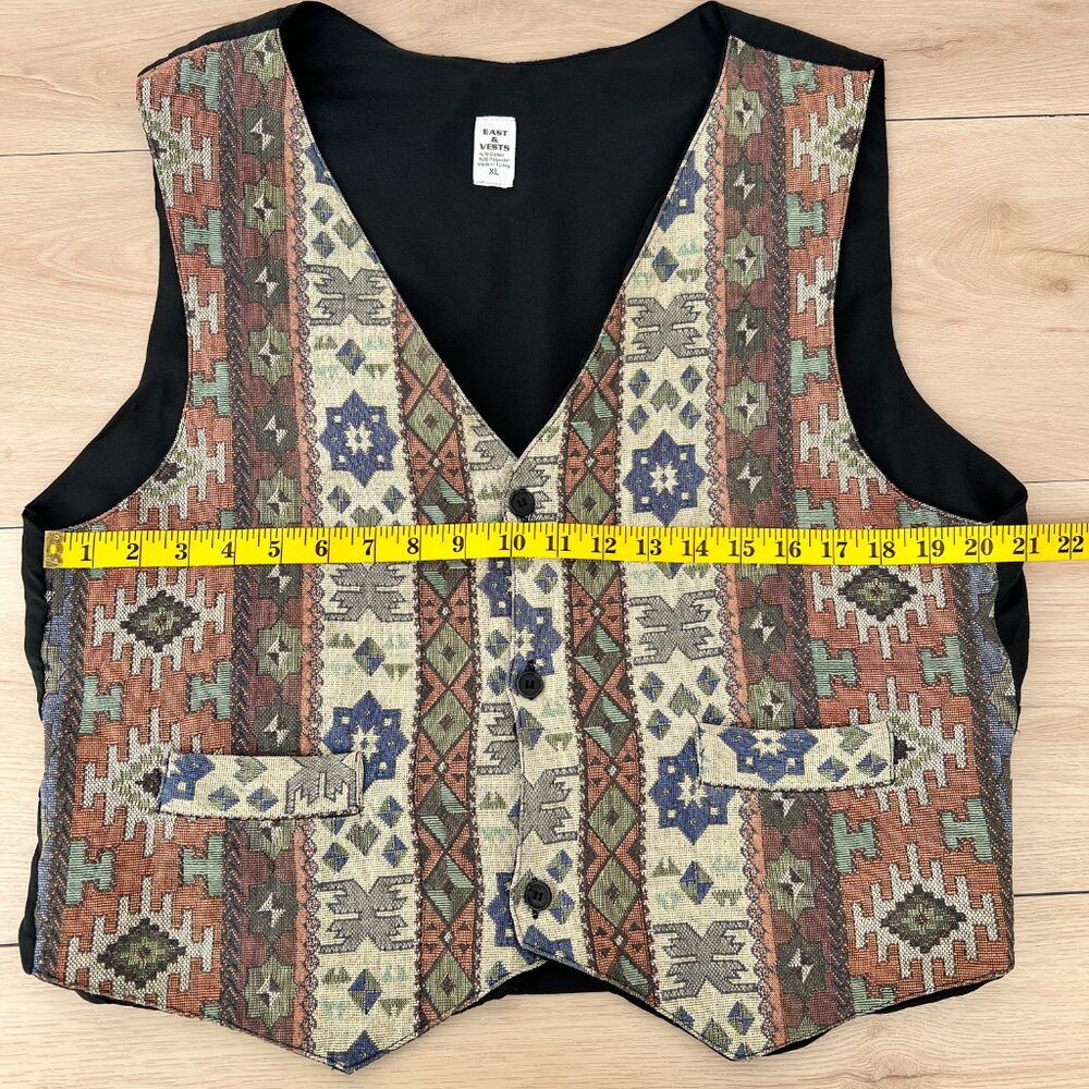 Vintage 90s Tapestry Waistcoat Vest Aztec Southwestern Tribal Pattern Men's XL - Picture 10 of 16